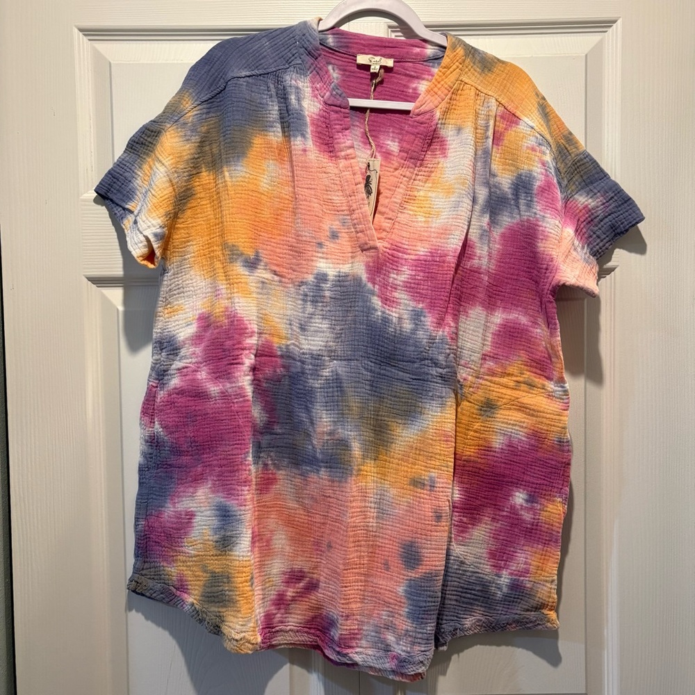 Easel vibrant tie dye blouse top oversized relaxed fit pink blue orange sz S